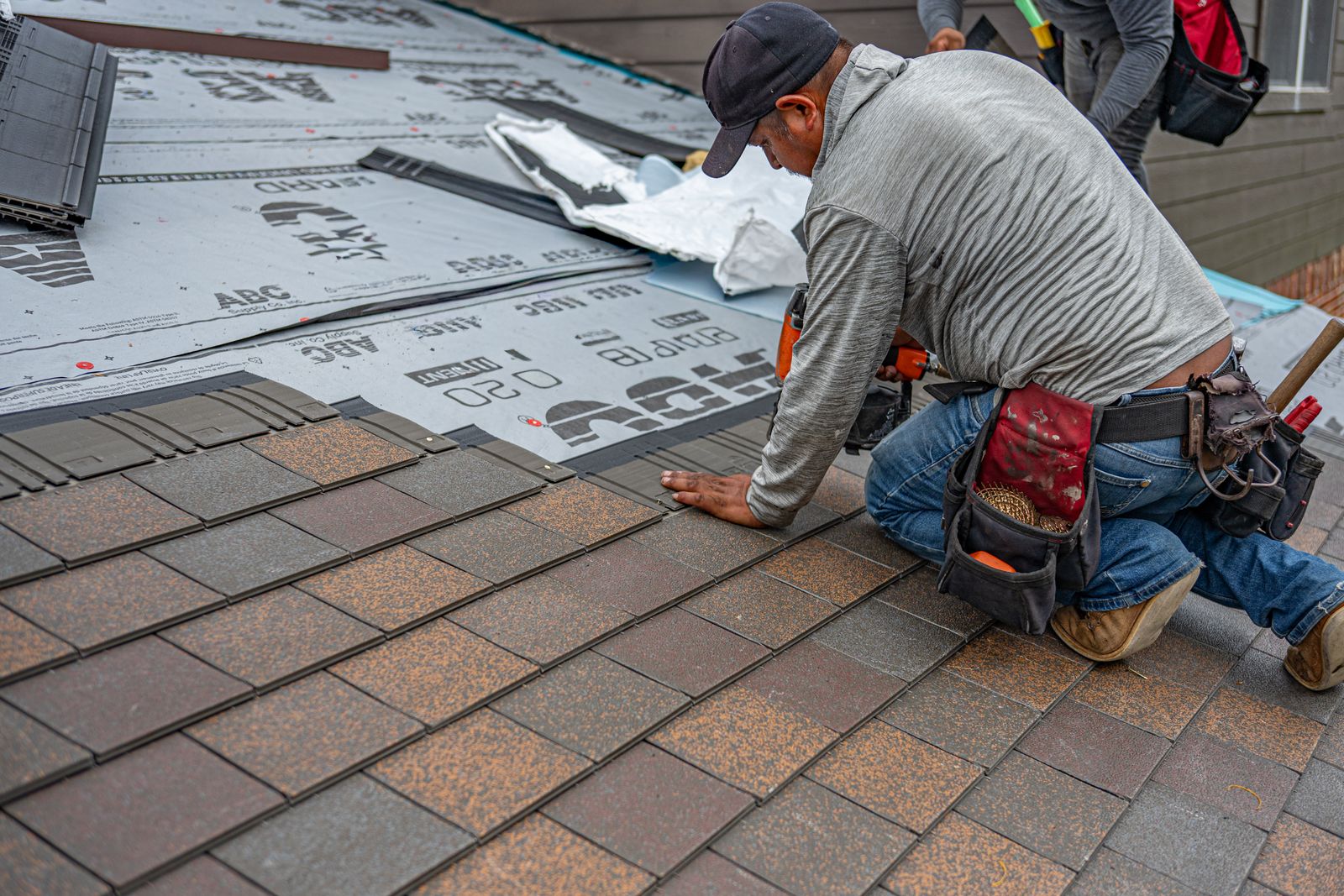 A roofer kneeling on a rooftop installing brown composition shingles with a nail gun and tool belt — illustrative stock photo, not a photo of BCS Roofing, its crew, or a BCS job site.