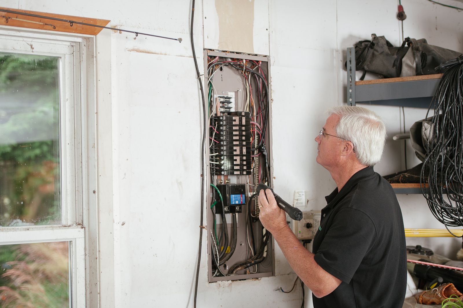 An experienced electrician inspects an open residential circuit breaker panel with a flashlight in a garage, tool bags and wire spools on a shelf nearby — illustrative stock photo, not a photo of Frank Seale Electric or its staff.
